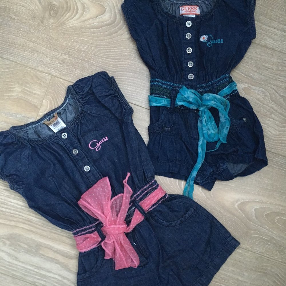 Guess denim romper 12m (blue) and 3T (pink) sister set